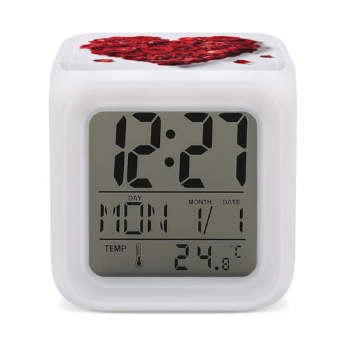 7 Color LED Digital Alarm Clock Cube Heart Shaped Rose Bedside Clocks with Temperature Display 12/24h Format Snooze & Night Light Dimmable Lamp Battery Powered for Bedroom Office Decor