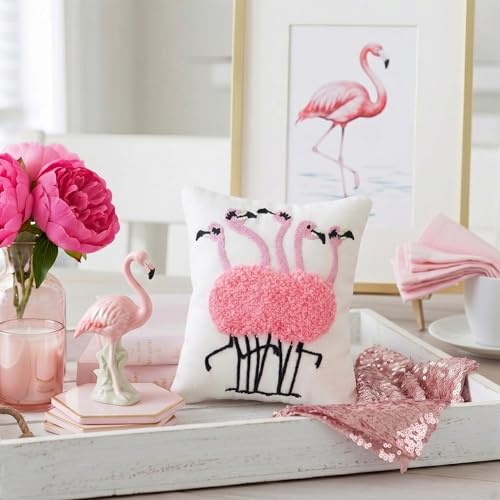 Novabright Pink Flamingo Tiered Tray Decor 4" x 5" Mini Decorative Pillow with 3D Towel Embroidery Small Summer Flamingo Pillow Tropical Summer Beach Theme Cushion Decor for Home Kitchen Table Party