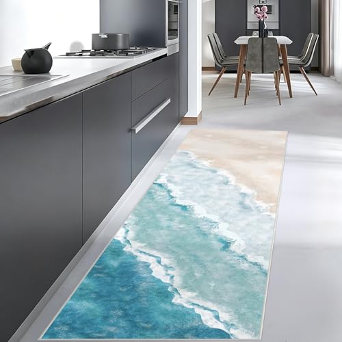 Beach Pattern 2x6ft Runner Rug Non Slip Washable Kitchen Runner Rug with Rubber Backing,Low-Pile Soft Washable Runner Rugs for Hallway Entryway Kitchen Bedroom Living Room Bathroom