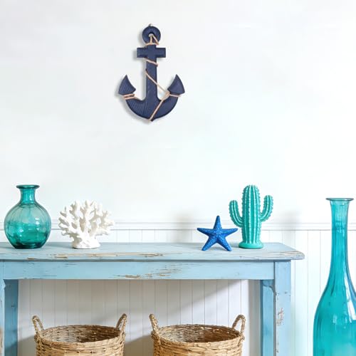 13" Nautical Wooden Anchor with Rope Nautical Beach Wood Anchor Wall Art Decor Door Hanging Ornament Beach Theme Home Decoration (Blue)