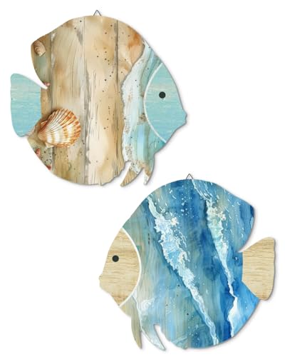 Putuo Decor Wood Fish Wall Decor 2pcs Rustic Beach House Wall Decor Coastal Lake Themed Home Decor Wood Hanging Nautical Decor For Bathroom, Lake House, Beach House Decor