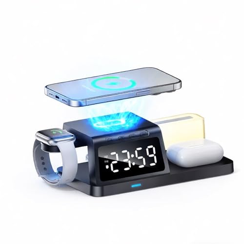 IHAO 6in1Digital Alarm Clock with Wireless Charging Station Night Light 15W Fast Charging for Qi Phone Headphone Bracket for iWatch Charger LED Display Dimmable Brightness-HT309 Black