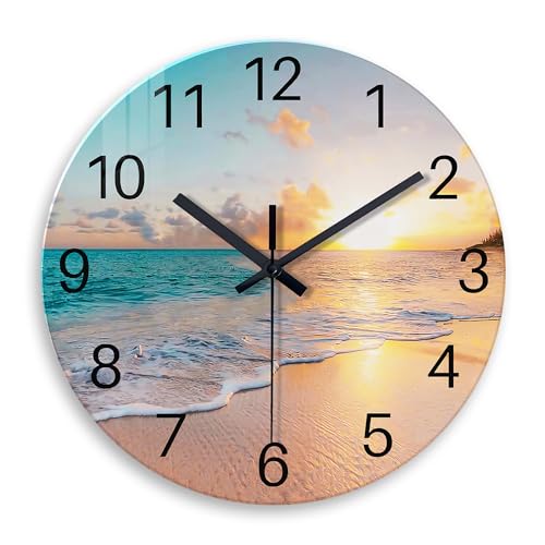 Beach Wall Clock Battery Operated 12 Inch Glass Wall Clock Non Ticking Analog Blue Wall Clocks for Bedroom Living Room Office Decor