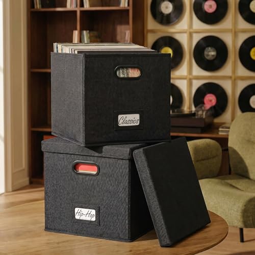 ZICOTO Decorative Vinyl Record Storage Box Set for 100+ Single Records - Sturdy and Easy to Carry LP Holder wi