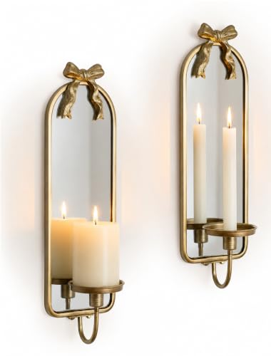 Gold Candle Sconces Wall Decor: Modern Decorative Wall Candle Holder Set of Two for Bedroom - Vintage French Metal Bow Mirror Sconces Beside Fireplace TV