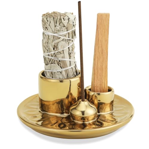 Handmade Ceramic Incense Burner for Palo Santo Incense Sticks, 4 in 1 Multi-Purpose Sage Holder for Burning, Ash Catcher Tray for Meditation Yoga Room (Golden)