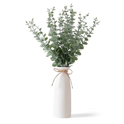 Vase with Greenery, 20pcs Artificial EucalyptusStems in White Vase, Boho Home Decor Plant, 19" Decorative Fake Plants for Home Farmhouse Mantle Centerpiece Decor