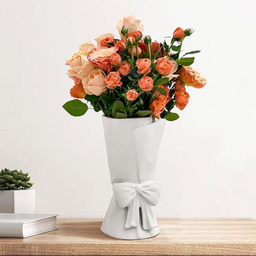 Relexome White Ceramic Bow Vase Unique Cute Decorative Bouquet Flower Vases 9.64 in Summer Home Decor Vase