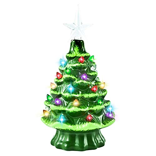 GIVERARE Ceramic Christmas Tree with 4H Timer, 8” Pre-Lit Hand-Painted Tabletop Xmas Decor with 32 Multicolored Lights & Top Star, Centerpiece for Holiday, Party, Ornaments-Green