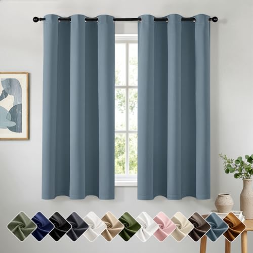 Stone Blue Blackout Curtains for Bedroom Living Room 63 Inch Long 2 Panels, Solid Thermal Insulated Grommet Drapes, Room Darkening Sunlight Blocking Window Treatments, W40 x L63 Inch