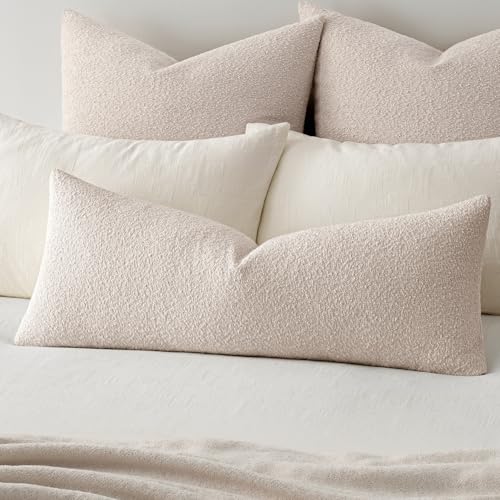 MIULEE Textured Boucle Throw Pillow Cover Beige Accent Solid Lumbar Pillow Case Decorative Soft Pack of 1 Couch Cushion Chair Sofa Bedroom Livingroom Home Decor,36x14 Inch
