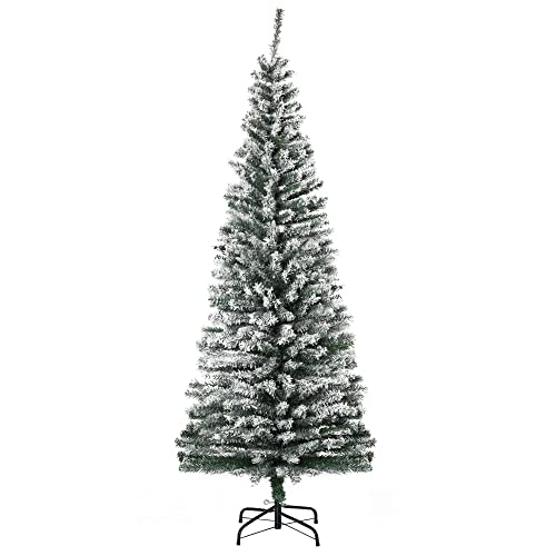 HOMOM 6ft Flocked Christmas Tree, Pencil Artificial Xmas Tree with Faux Snow, Dense Branches, Foldable Metal Base for Indoor Holiday Decor