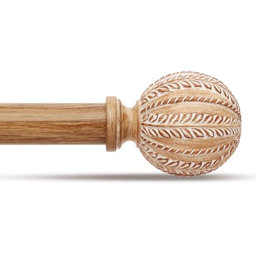 Wood Curtain Rod for Windows 48 to 84 Inch, 1'' Diameter Adjustable Heavy Duty Rustic Farmhouse Drapery Rods with Boho Imitation Wooden Grain Decorative Finials, Size: 30''-88'' – Light Wood