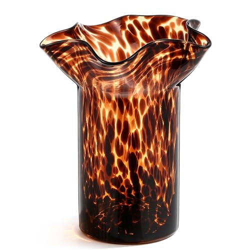 SiliFine 1 Pack Retro Tortoise Glass Shell Vase with Ruffle Rim, Amber Tortoiseshell Pattern Decorative Vase for Home & Office (9")