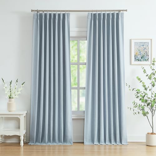 WEST LAKE 90 Inches Length Dusty Blue Pinch Pleated 100 Blackout Curtain Panels with Liners,Linen Textured Drapes for Bedroom Living Room,Energy Efficient Backtab Hooks Window Treatment,40" Wx90 Lx2