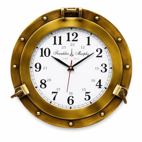 Franklin Murphy's Analog Beautiful Nautical Porthole Wall Clock, Antique Brass Finish, 12" Aluminum with Glass Face, Maritime Decor, Battery Operated Home Decor