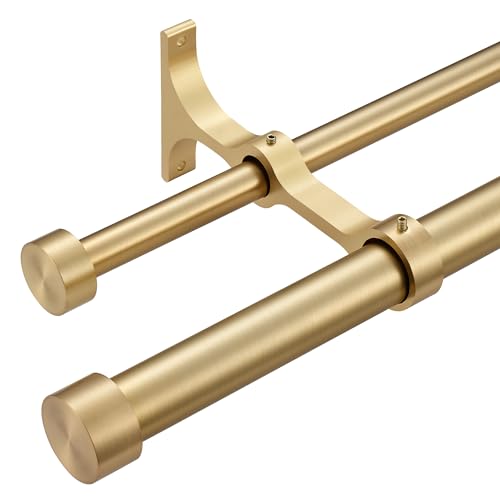 Double Curtain Rods with Aluminum End Cap and Full Surround Brackets,1"Front and 5/8" Back Rod,Adjustable between 36 to 72 Inches (3-6 Feet), Warm Gold Double Window Drapery Rod