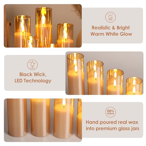 Amber Gold Glass Flameless Pillar Candles with Remote Set of 5