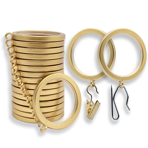 BlastHome® Luxury Curtain Rings – Premium Metal with Quiet, Smooth, Removable Nylon Inserts – Pinhooks and Clips Included – 1 1/2" Inside Diameter – 18 Rings for Two Standard Curtains – Brushed Gold