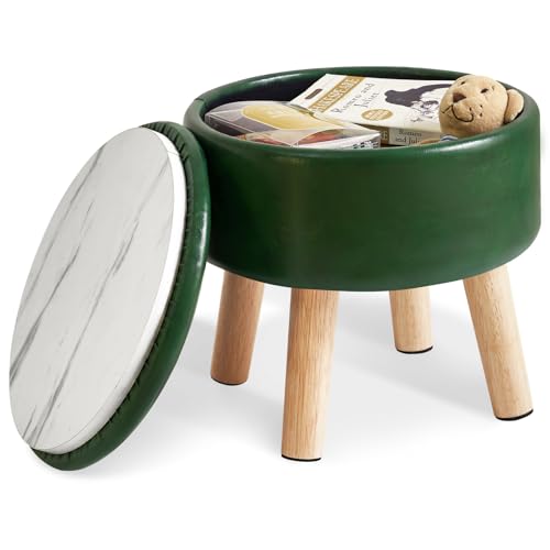 IBUYKE Small Foot Stool Ottoman with Storage, Round, Dark-Green