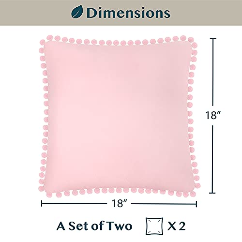PAVILIA Light Pink Throw Pillow Covers with Pom Pom 18x18 Set of 2, Decorative Pillow Cases for Bedroom Aesthetic, Small Throw Pillows Set for Bed, Velvet Euro Plush Cushion Covers for Sofa Couch