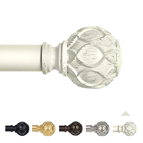 TANGWIN White Farmhouse Curtain Rods for Windows:36-88" Heavy Duty Adjustable Curtain Rod for Bedroom Living Room,Boho Decorative Rustic Drapery Rods with Vintage Coastal Texture Finials,Antique White