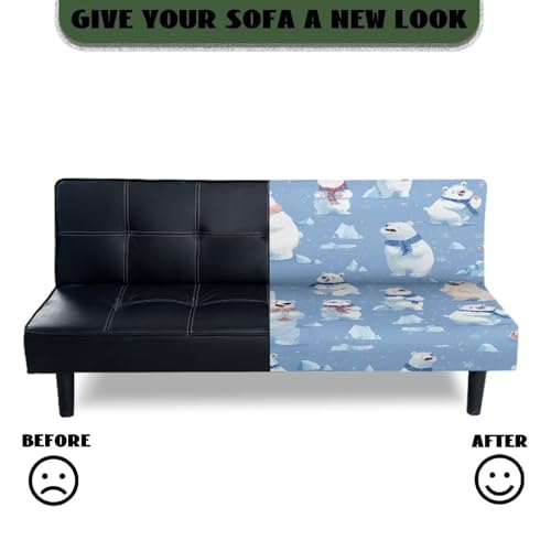 Polar Bear Print White Blue Dustproof Futon Covers, Cozy Sofa Bed Slipcovers, Mattress Cover for Futon Sofa Bed, Armless Sofa Cover with Elastic Bottom for Pets, Dogs