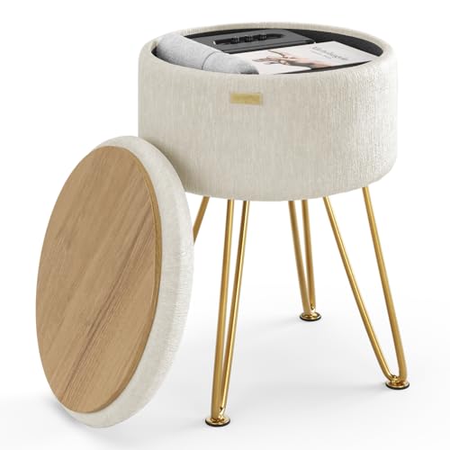 Round Ottoman with Storage, Textured Velvet Storage Ottoman, Foot Stool Ottomans, Makeup Vanity Stool, Small Ottomans Foot Rest, Modern Vanity Stools for Living Room and Bedroom, Cream