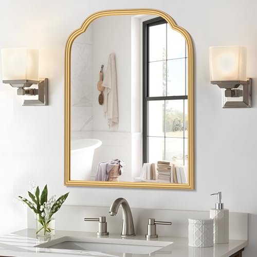 Ferytange 18X24 Inch Gold Mirror for Wall with Metal Frame Rectangular Rounded Bathroom Vanity Mirror Anti-Rust, Hangs (Gold 18" x 24")