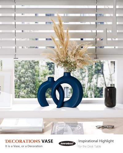 Blue Vase Set of 2 - Donut Navy Vases Home Decor, Modern Coastal Decor - Decorative Vase, Ceramic Decorations for Living Room Coffee Table Bookshelf Shelf Console Mantle (Matte Navy Blue)