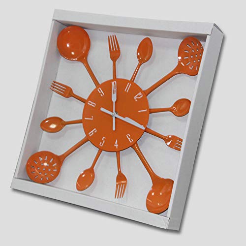 Timelike Wall Clock, 16" Metal Kitchen Cutlery Utensil Spoon Fork Wall Clock Creative Modern Home Decor Antique Style Wall Watch (Orange)