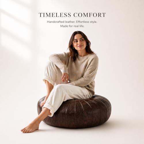 Handmade Moroccan Leather Pouf – Delivered Unstuffed – Ottoman, Footstool, Footrest, Hassock, Floor Cushion – Artisan Crafted (Dark Brown, 22" D x 22" W x 12" H)