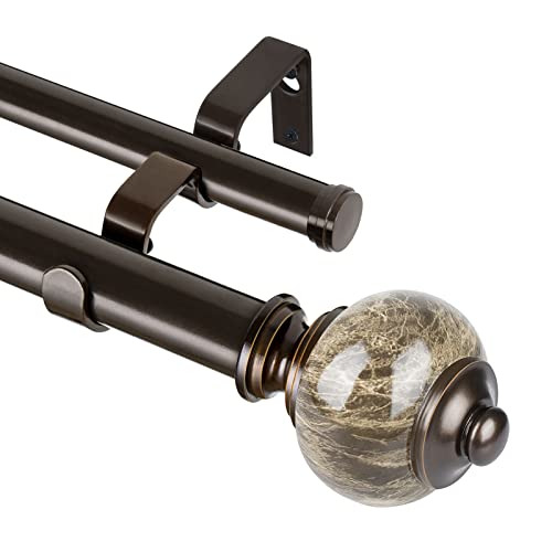 KAMANINA 1 Inch Double Curtain Rod 66 to 120 Inches (5.5-10ft), Bronze Telescoping Curtain Rods for Windows 54 to 115 inches, Heavy Duty Dual Drapery Rods with Marbled Finials
