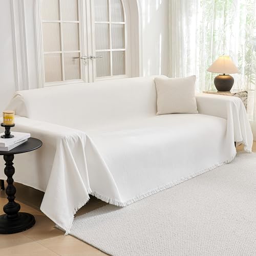 MYSKY HOME Couch Cover for Dogs Washable Couch Covers Couch Covers for Sofa Couch Cover 2 Cushion Sofa Non Slip Dogs Furniture Protector with Tassels Chenille Sofa Covers for Pets, 71"x102", White
