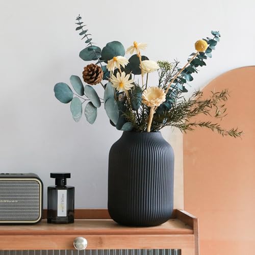 flature Ceramic Vase with Grooves - Waterproof Flower Vase in Matte Black for Fresh Flowers, Dried Flowers, Pampas Grass, Large 7.9" Tall Vase as a Gift, Decoration for Living Room, Bedroom, Office.