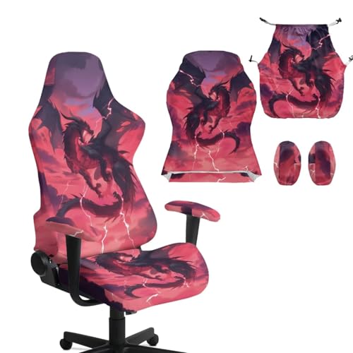 GLENLCWE Dragon Print Washable Gaming Chair Covers with Armrest Cover, 4pc/Set Office Chair Covers Slipcovers with Zipper, Red Stretchable Game Chairs Slipcovers