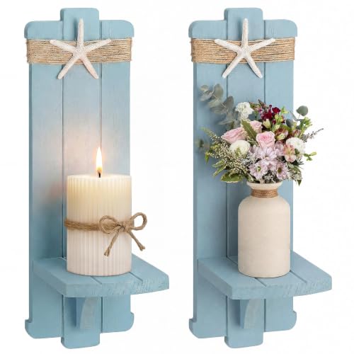 Alphatool Handmade Wooden Candle Sconces Set of 2 Farmhouse Wall Decor | Vintage Bedroom Livingroom Home Hanging Art Decorations Accessories Gifts, Blue
