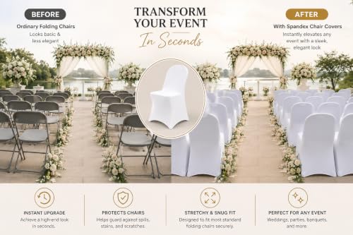 10 Pack White Spandex Folding Chair Covers, Stretch Polyester Slipcovers for Wedding, Party & Dining Chairs – Flat Front Design, Universal Fit
