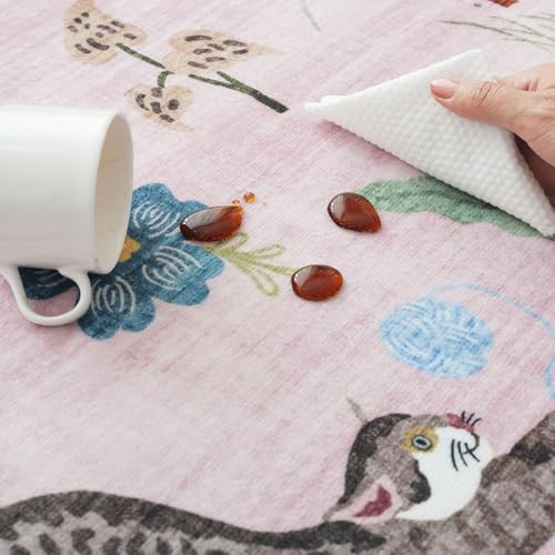 Rugcomf Round Area Rug 6ft Washable Non Slip Floral Animal Cat, Pink