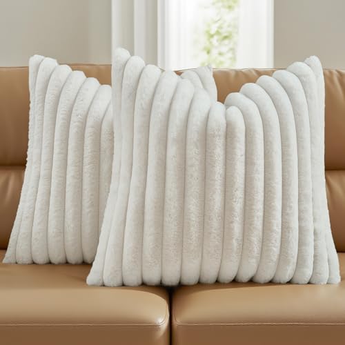 FUTEI Pack of 2 Fluffy Faux Fur Throw Pillow Covers 18x18 Inch Elegant Striped Textured Decorative Cushion Cases Modern Accent Pillow for Couch Bed Living Room, Cream White