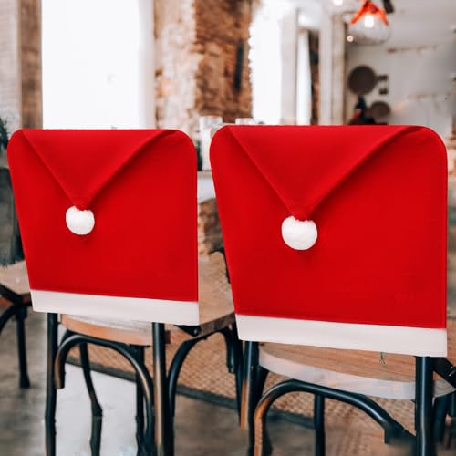 SEWACC 10pcs Christmas Chair Covers, Santa Claus Hat Chair Back Covers, Red Non-Woven Fabric Slipcovers for Christmas Holiday Party Decorations