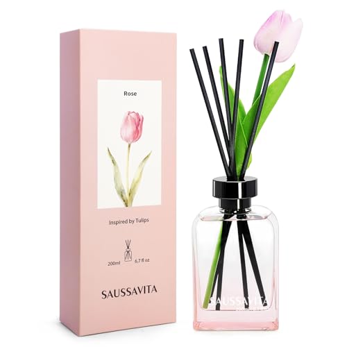 Reed Diffuser Set with Tulip Flowers Vintage Rectangular Bottle Rose Scent, Reed Diffusers 6.76 fl oz for 120 Days Narrow Spaces, Flower Reed Diffuser Long Lasting for Bathroom, Office, Shelf Decor