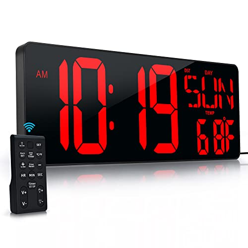 CYMHCHL 17.2" Large Digital Wall Clock Large Display with Remote Control | Timer with Temperature Date Week Auto DST Adjustable Brightness, for Living Room Classroom Garage Gym Gift for Senior Mom Dad