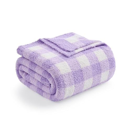 Snuggle Sac Checkered Throw Blanket for Couch, Super Soft Cozy Warm Knit Netural Decorative Fluffy Blankets, Reversible Buffalo Plaid Microfiber Throws for Sofa Bed, Plaid Purple, 50x60 Inches