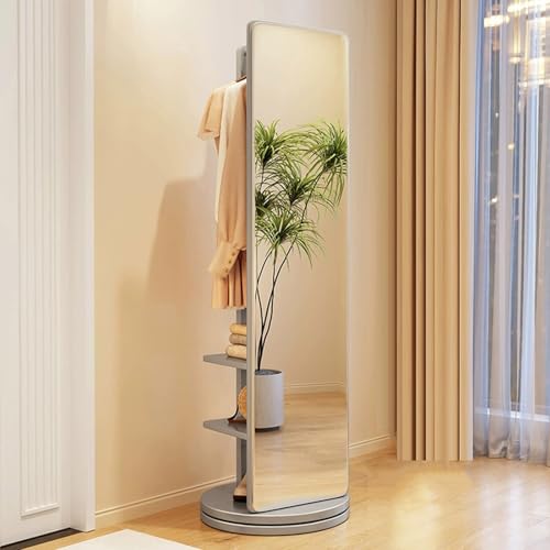 Floor-Standing Solid Wood Rotating Coat Rack,360° Rotating Solid Wood Full Length Mirror with Coat Rack, Freestanding Dressing Mirror & Clothes Hanger, Large Grey Design for Living Room & Be