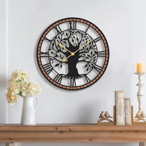 Micasso Wall Clocks Battery Operated: 15 Inch Farmhouse Tree of Life Metal with Wood Frame - Rustic Roman Numerals Clock for Living Room/Home Office/Bedroom/Kitchen - Home Decor for Sofa Accent Wall
