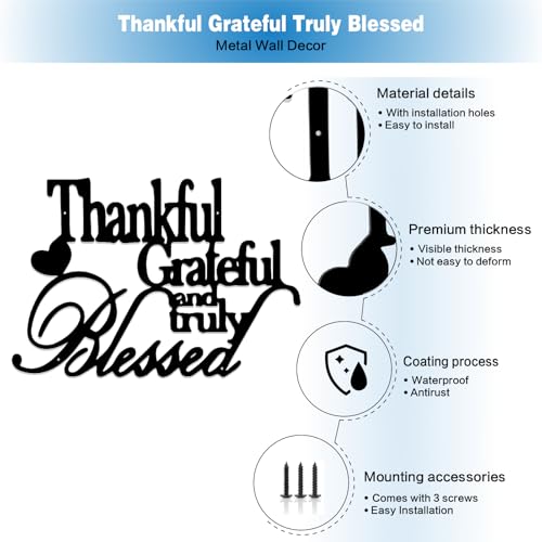 Thankful Grateful Blessed Wall Decor Black Metal Wall Art Thankful Grateful and Truly Blessed Sign Home Decor Entryway Living Room Decoration Signs - 12 Inches
