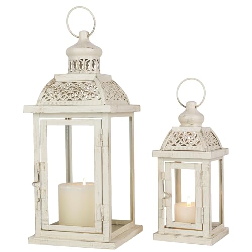 Large Lantern Decorative Outdoor & Indoor, Set of 2 (14’’&10’’) Metal Candle Lanterns Decor, Vintage Hanging Candle Holder for Front Porch Patio Wedding Farmhouse Home, Spring Decoration