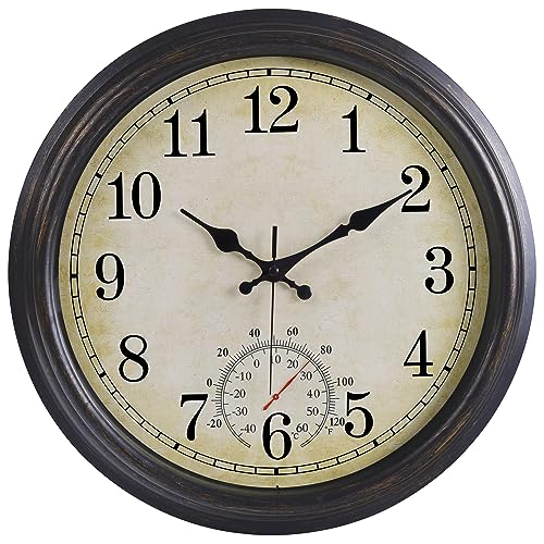 16 Inch Large Outdoor Clock, Waterproof Wall Clock with Thermometer, Battery Operated Silent Non-Ticking Vintage Wall Clock Quartz Round Clock Home Decor,Black Bronze
