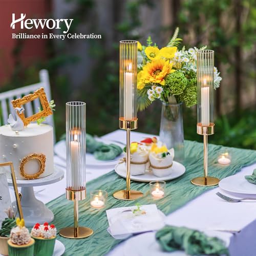 Hewory Gold Hurricane Candle Holders: 12 PCS Tall Taper Candlestick Candle Holders Bulk for Candlesticks Candle Sticks Holder Decor for Table Centerpiece Wedding Party Christmas Decorations